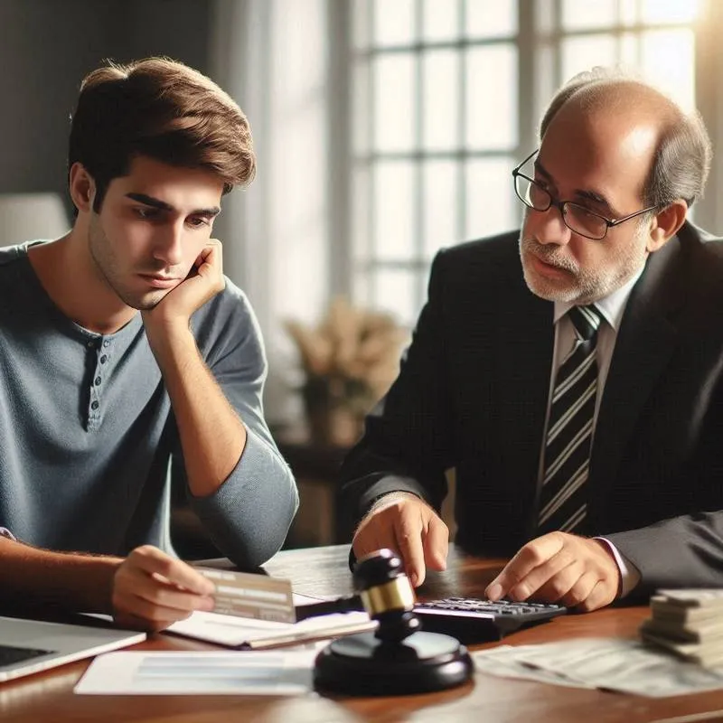 Um consumidor preocupado, sentado à mesa com um extrato bancário e documentos financeiros. Ao seu lado, um advogado da Márcio Rosa Sociedade de Advogados explica os detalhes de uma ação judicial contra práticas abusivas. O ambiente é acolhedor e transmite a sensação de segurança e confiança